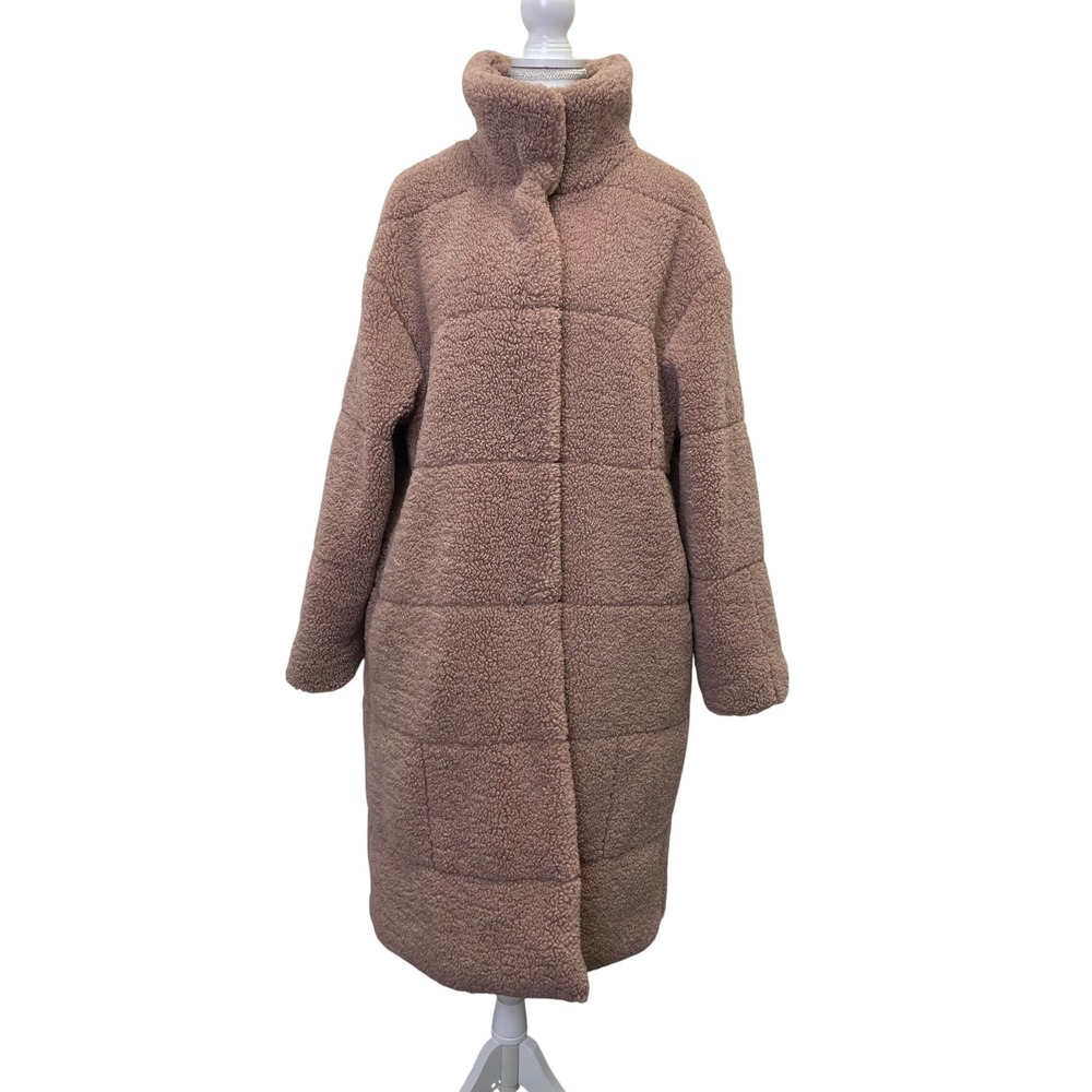 Levi's Women's XL Long Patchwork Quilted Sherpa Mock Neck Teddy Coat Mauve Pink